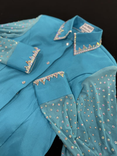 Turquoise Taffeta with sheer sleeves hidden zip by Saguaro