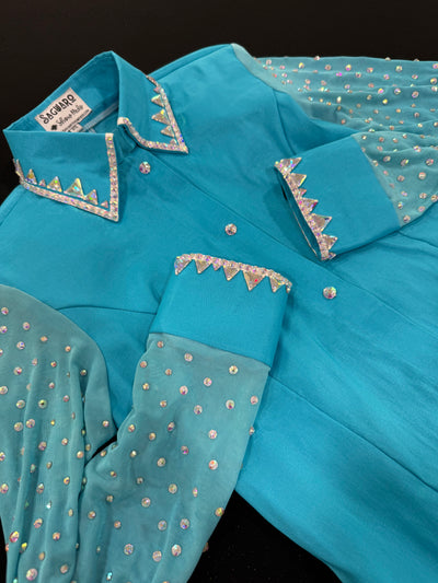 Turquoise Taffeta with sheer sleeves hidden zip by Saguaro